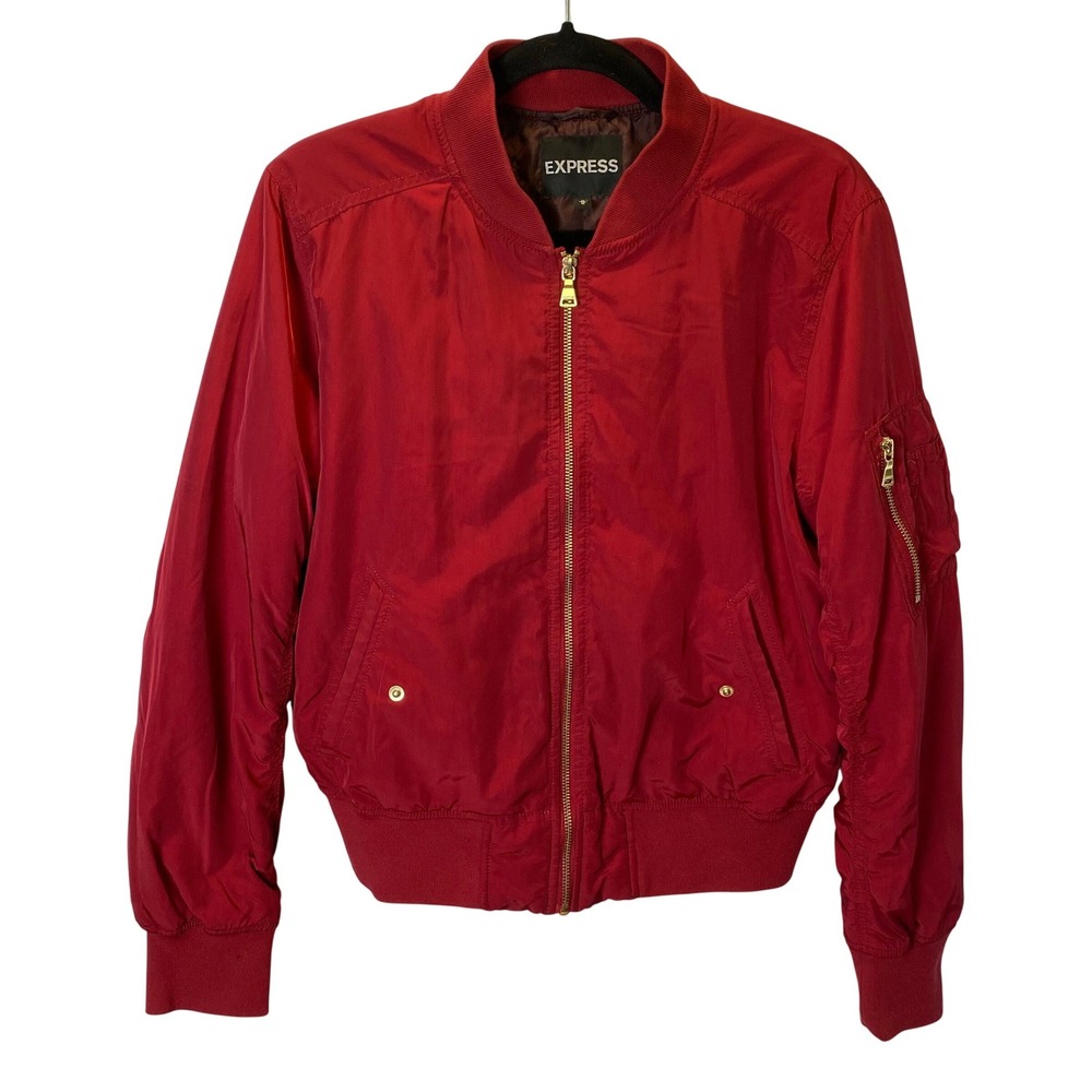 Express Bomber Jacket Women Medium Red Gold Hardware Streetwear Utility Moto